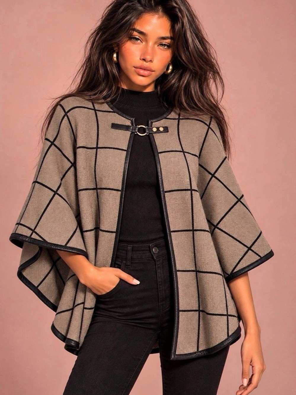 White House Black Market Plaid Knit Cape Poncho with Faux Leather Trim, Brown &